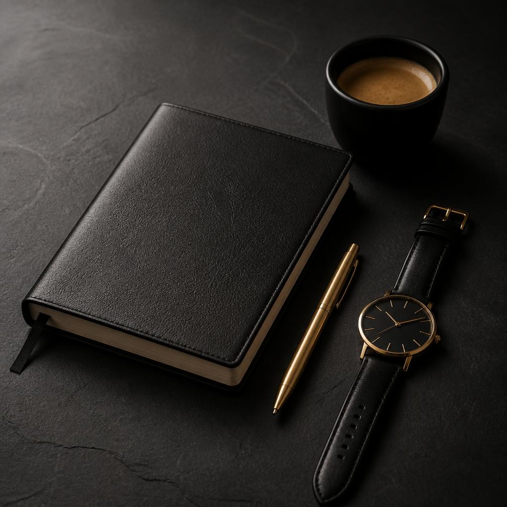 A leather notebook, gold pen, watch and coffee representing disciplined mornings