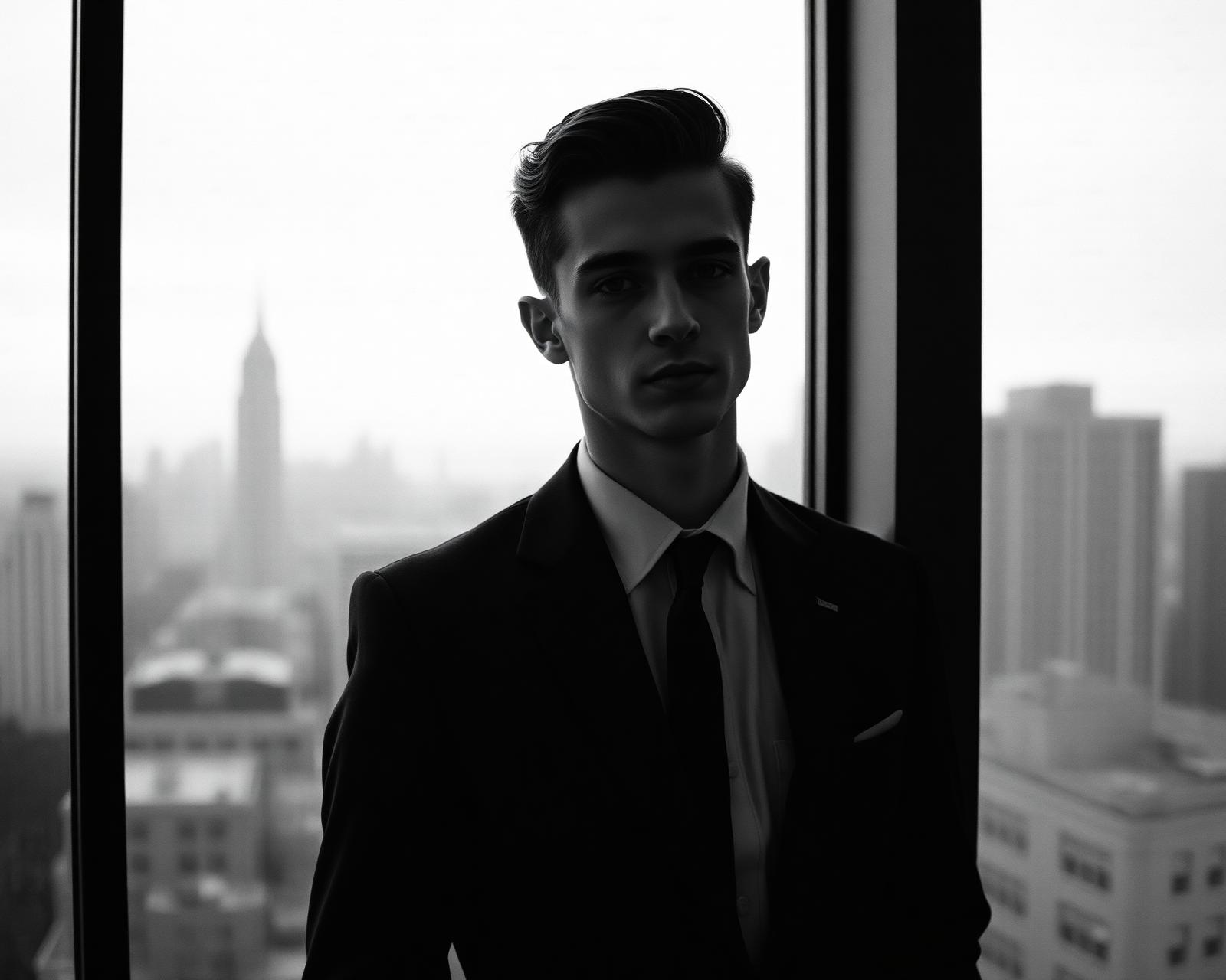 A young man in a suit at dawn